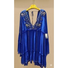 Free People V Yaka Nakış Işlemeli Bohem Mini Elbise - Saks Mavisi