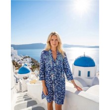 Antica Sartoria Kadın Mavi Beyaz Etnik Desenli Bohem Tunik Elbise - Otantik Desenli Resort Wear