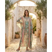 ZZ Boho Mint Çiçekli Maxi Kaftan — Püsküllü Bağcık, Hafif Şifon