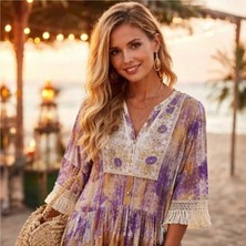 İTHAL Tunik Elbise Mor ve Camel Batik Desenli Nakışlı - Sim Çizgili ve Püskül Detaylı Bohem Stil