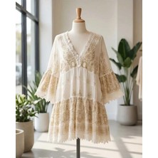 Antica Sartoria Stil Altın Nakış Işlemeli Dantel Detaylı Bohem Mini Elbise - Krem