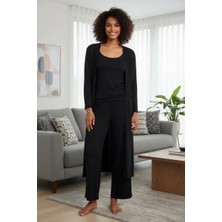 Bemy Store Kadın Siyah Yumuşak Dokulu Dökümlü Uzun Kimono Şık ve Rahat Ev Giyim