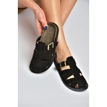 Fox Shoes Y596549502 Siyah Süet Tokalı Önü Kapalı Kadın Terlik