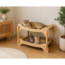 Pureza Ahşap Iki Katlı Kedi Yatağı & Dinlenme Standı – Hasır Yüzeyli (Çift Katlı Tasarım)