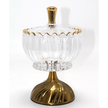 Özbience Şeffaf Kristal Cam Şekerlik, Metal Ayaklı ve Gold Detaylı Sunumluk
