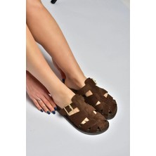 Fox Shoes Y596549502 Kahverengi Süet Tokalı Önü Kapalı Kadın Terlik
