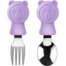 Valkyrie 304 Çelik Panda Bebek Kaşık Çatal Setisilikon Saplı Bpa Içermez Ergonomik Kaymaz Mor