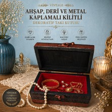 Vintage Ahşap Deri ve Metal Kaplamalı Kilitli Dekoratif Takı Kutusu