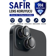 Sonreir iPhone 15 / 15 Plus Siyah Metal Kamera Lens Koruyucu Safir Cam Ultra Net HD
