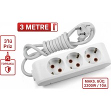 Mikasso 3 Metre Kablolu Topraklı Ara Kablosu Uzatmalı Seyyar 3lü Grup Priz Beyaz