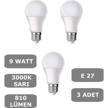 Mikasso 9W E27 LED Ampul 3000K Sıcak Sarı Işık (3 Adet)