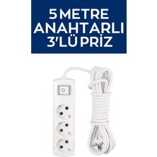 Mikasso 5 Metre Anahtarlı Kablolu Topraklı Ara Kablosu Uzatmalı Seyyar 3lü Grup Priz Beyaz