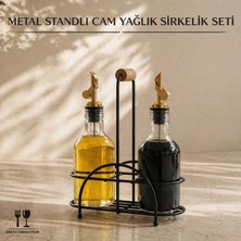 LE Paris 3'lü Metal Stantlı Cam Yağlık Sirkelik Seti - Damlatmaz Gold Başlıklı Dekoratif Sosluk Takımı