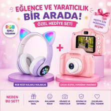 Qasul Rgb Işıklı Kedi Kulaklı Bluetooth Kulaklık + Çocuk Dijital Fotoğraf Makinesi Hediye Seti