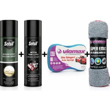Selsil Susuz Motor Temizleme 500 ml + Selsil Şeffaf Silikon Sprey 500 ml + Araç Bakım Süngeri + Süper Emici Oto Kurulama Bezi 50X70 cm