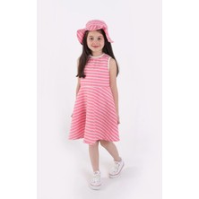 Aden Kids Kız Çocuk Çizgili Yazlık Elbise ve Şapka Takımı - 2'li Set (4-12 Yaş, Pembe, Mavi, Bej, Bordo)