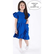 Aden Kids Sax Mavisi Kız Çocuk Yazlık Fırfırlı Elbise - Likralı Kemerli Şık Kız Çocuk Kıyafeti (2-12 Yaş)