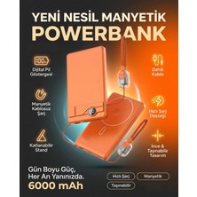 Matechno 6000MAH Manyetik Kablosuz Magsafe Uyumlu Powerbank - Dahili Kablolu ve Standlı Taşınabilir Şarj Cihazı