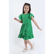 Aden Kids Yeşil Mavisi Kız Çocuk Yazlık Fırfırlı Elbise - Likralı Kemerli Şık Kız Çocuk Kıyafeti - 2-8 Yaş