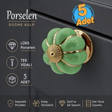 Badem10 (5 Adet) Pistak Yeşil Porselen Gold Metal Renk Düğme Kulp Mobilya Çekmece Dolap Kulpu Kulbu Kulpları