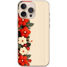 Le Balvo Iphone 16 Pro Max Uyumlu Kırmızı Beyaz Çiçekler Baskılı Silikon Kılıf