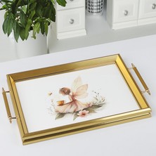 Airobazar Büyülü Peri Illüstrasyonlu Lüks Gold Çerçeveli Servis Tepsisi, Dikdörtgen Kulplu Dekoratif Çay Kahve Sunum Tepsisi 50X31CM