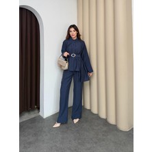 Basic Park Lacivert Kadın Premium Tencel Dokulu Gold Tokalı Kemerli Modern Kesim Takım