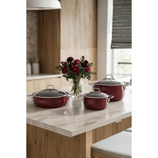 Bonera Emaye Vintage Güveç 6 Parça Tencere Seti(16-20-22 Cm) Vişne Rengi