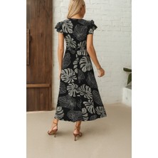 Alyn Wear Kadın Kısa Kollu V Yakalı Desenli Yandan Yırtmaçlı Süprem Elbise