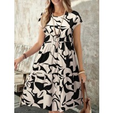 Alyn Wear Kadın Kısa Kollu Bisiklet Yaka Desenli Fırfırlı Süprem Elbise