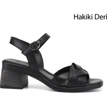 Gönderi(r) Kadın Siyah  Örgü Bantlı Kalın Topuklu Hakiki Deri Sandalet