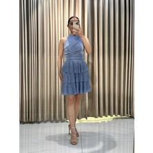 Indigo Simli Kumaş Mini Abiye Elbise | Kaleiçi Yıldızlar