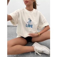 Alyn Wear Unisex Bisiklet Yaka Baskılı Oversize T-Shirt - Beyaz