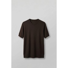 Abluka Online Erkek Regular Fit Fitilli Triko Bisiklet Yaka T-Shirt Kahverengi