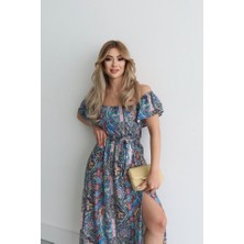 Alyn Wear Kadın Kısa Kollu Madonna Yaka Fırfırlı Belden Yırtmaçlı Maksi Süprem Elbise