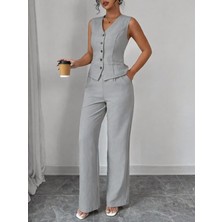 Alyn Wear Kadın Askılı Önden Düğmeli Bluz ve Pantolon Keten Ikili Takım