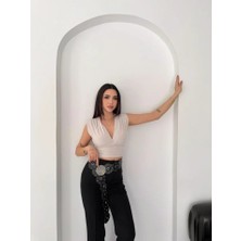 Alyn Wear Vatkalı Kolsuz V Yaka Drapeli Crop Bluz Likralı Fit - Boyalı Gri