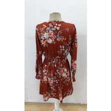 Alyn Wear Kadın Uzun Kollu Kruvaze Yakalı Çiçek Desenli Mini Süprem Elbise