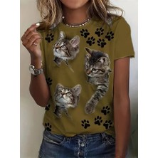 Alyn Wear Kadın Kısa Kollu Kedi ve Pati Baskılı Süprem T-Shirt