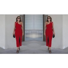 Alyn Wear Kadın Kolsuz Tek Omuz Damla Detay Janjan Krep Elbise