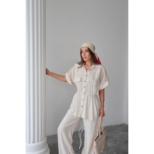 Alyn Wear Keten Belden Büzgü Detaylı Gömlek - Pantolon Takım - Taş