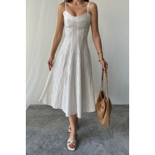 Alyn Wear Simli Çizgili Askılı Elbise Midi Boy - Kahverengi