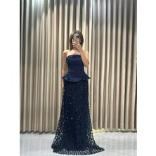 Lacivert Straplez Payet Desenli Abiye Elbise | Kaleiçi Yıldızlar