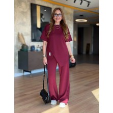 Alyn Wear Kadın Kısa Kollu Bisiklet Yaka Asimetrik Viskon Iki Iplik Bluz ve Pantolon Ikili Takım