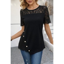 Alyn Wear Kadın Kısa Kollu Dantel Detaylı Yandan Düğmeli Waffle Bluz
