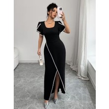 Alyn Wear Kadın Kısa Kollu Kare Yakalı Önden Çapraz Kesim Detaylı Krep Elbise
