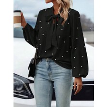 Alyn Wear Kadın Uzun Kollu Yakadan Fiyonklu Incili Ithal Krep Bluz