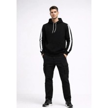 Alyn Wear Erkek Şeritli Kapüşonlu Sweatshirt Oversize 3 Iplik Pamuklu - Siyah