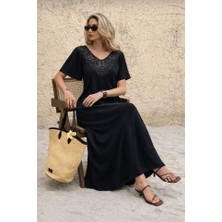 Alyn Wear Kadın Kısa Kollu Dantel Güpür Detay V Yaka Maxi Boy Elbise