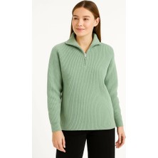 Alyn Wear Kadın Yarım Fermuarlı Triko Kazak – Selanik Örgü, Dik Yaka, Pamuklu Dokuma, Oversize Uzun Kollu Kışlık Model - Mint Yeşili